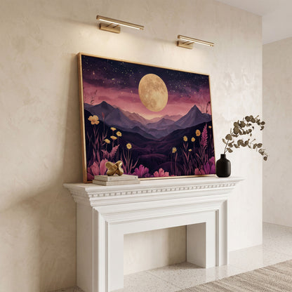 Dreamy Pink Moonlit Mountains Canvas Print in white oak floating frame