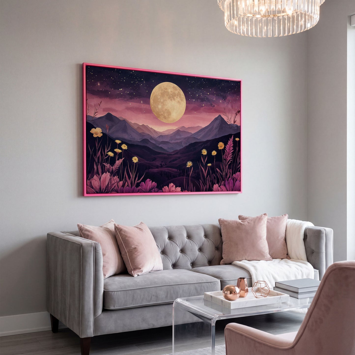 Dreamy Pink Moonlit Mountains Canvas Print in pink floating frame