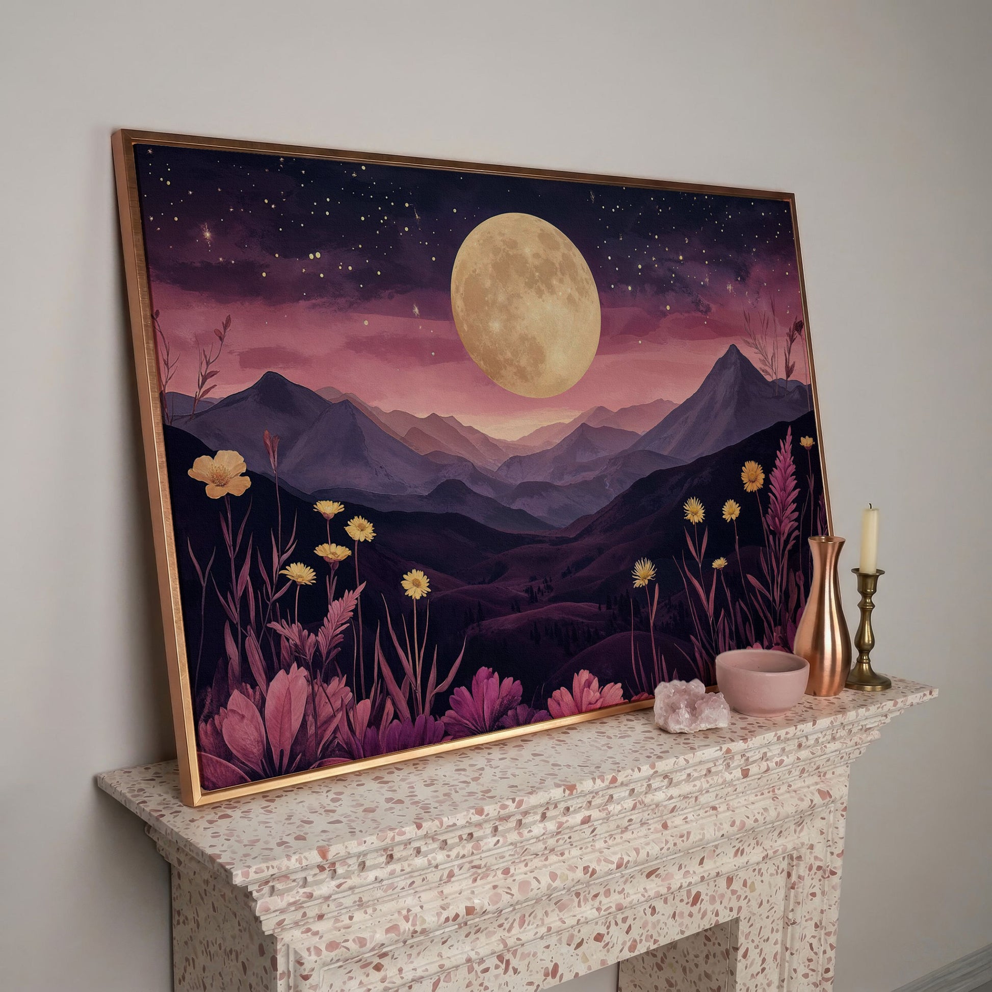 Dreamy Pink Moonlit Mountains Canvas Print in rose gold floating frame