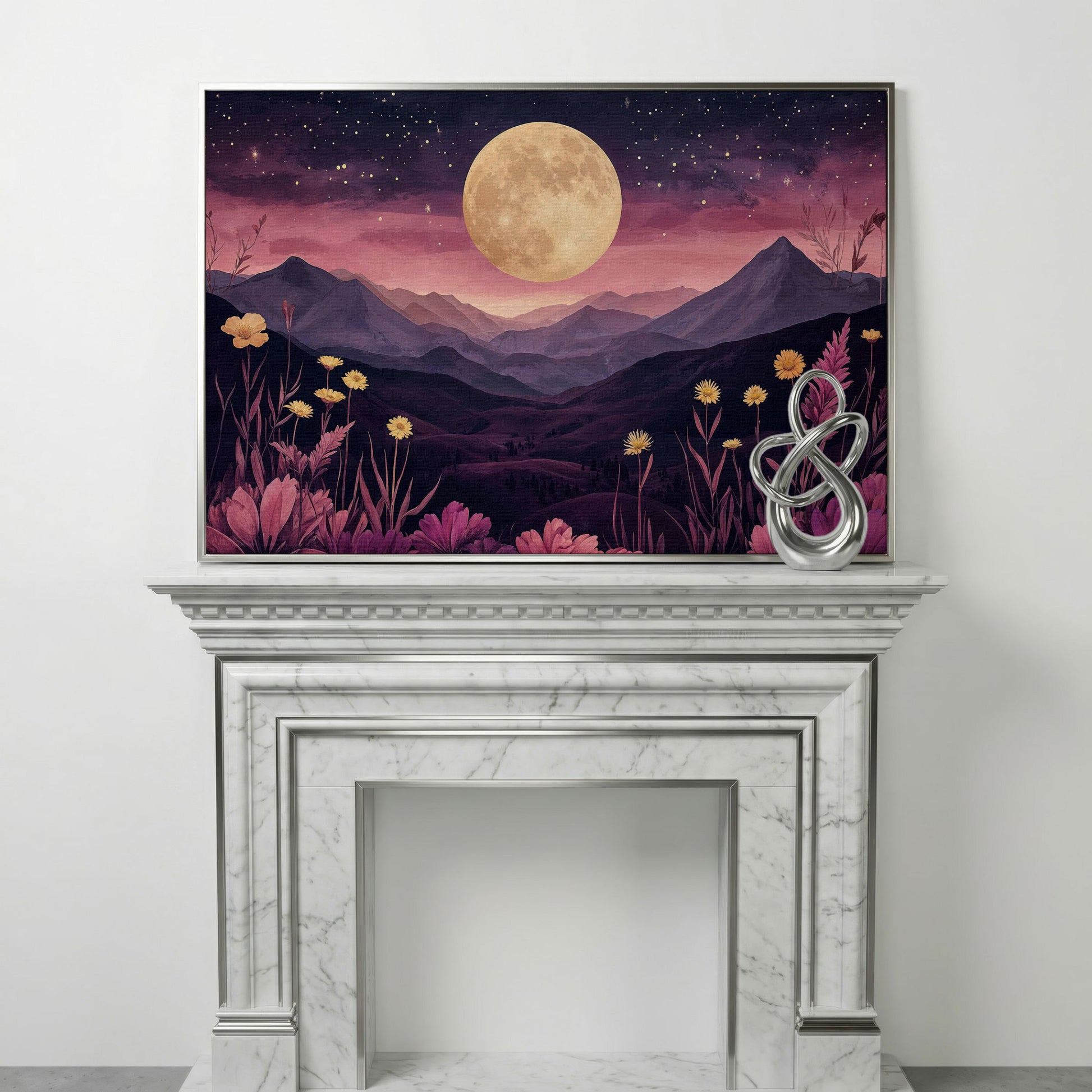 Dreamy Pink Moonlit Mountains Canvas Print in silver floating frame