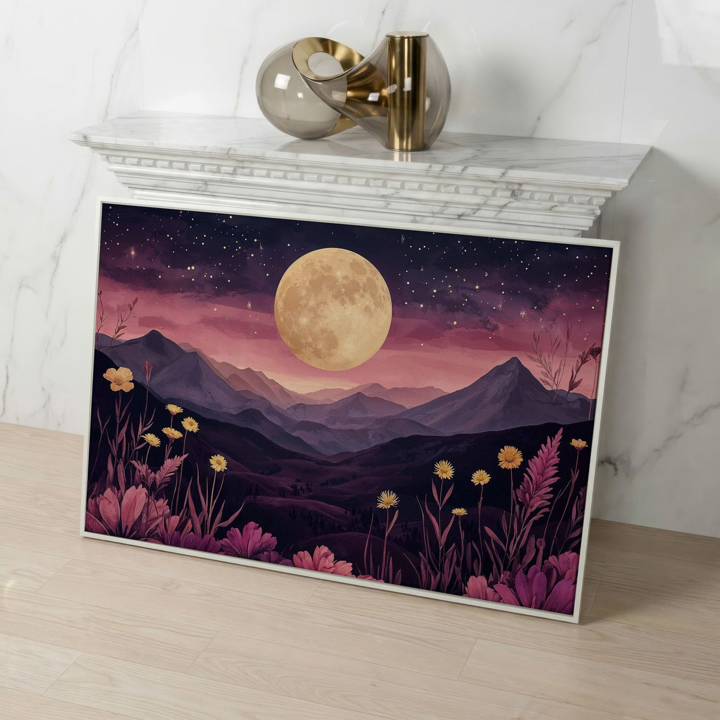 Dreamy Pink Moonlit Mountains Canvas Print in white floating frame