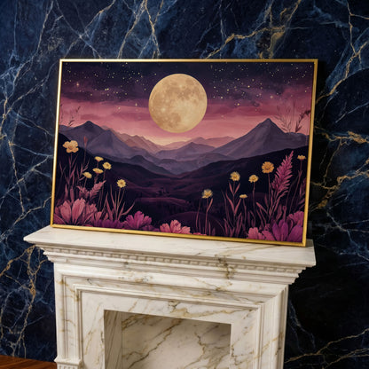 Dreamy Pink Moonlit Mountains Canvas Print in yellow gold floating frame