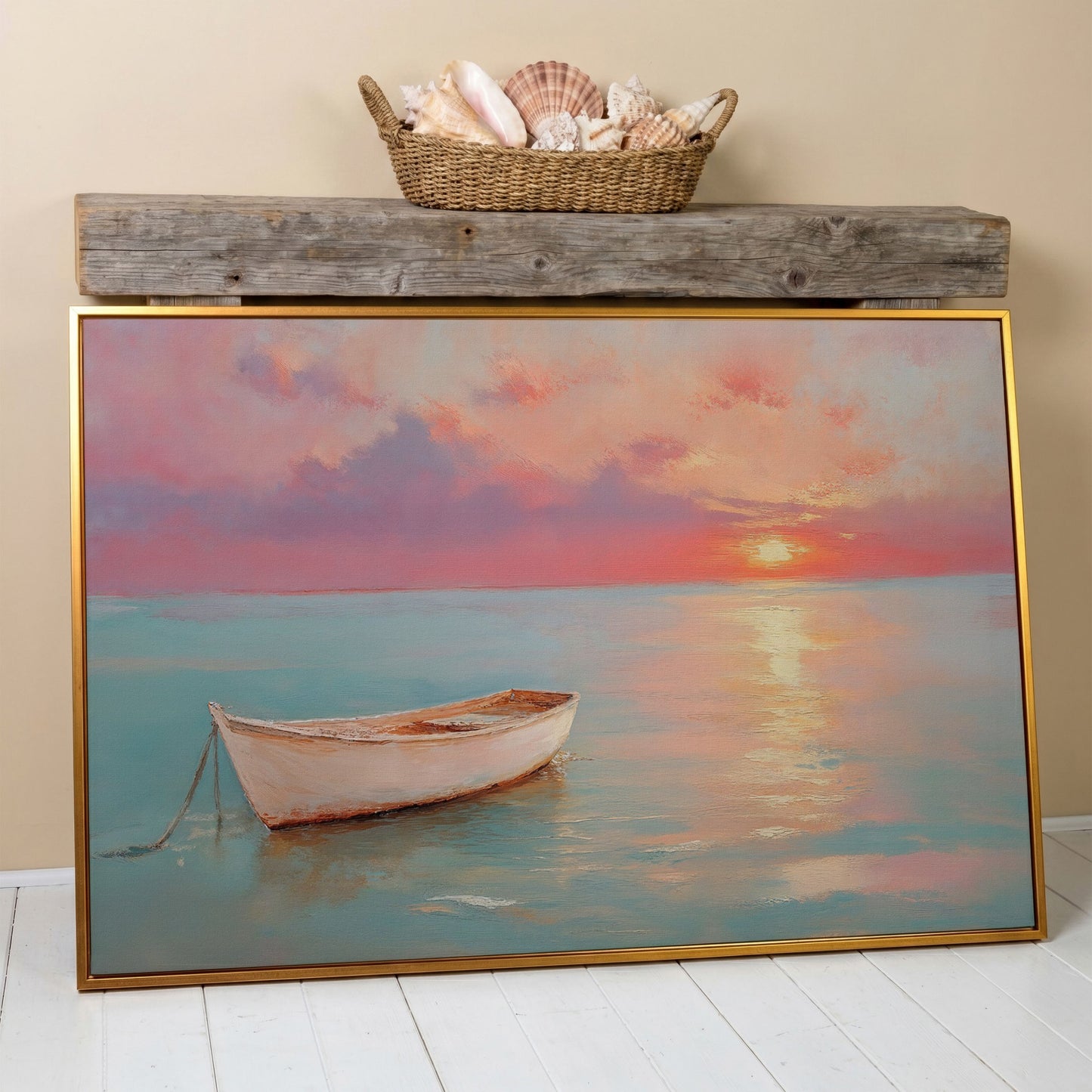Sunset Over Pastel Sea Canvas Print in antique gold floating frame