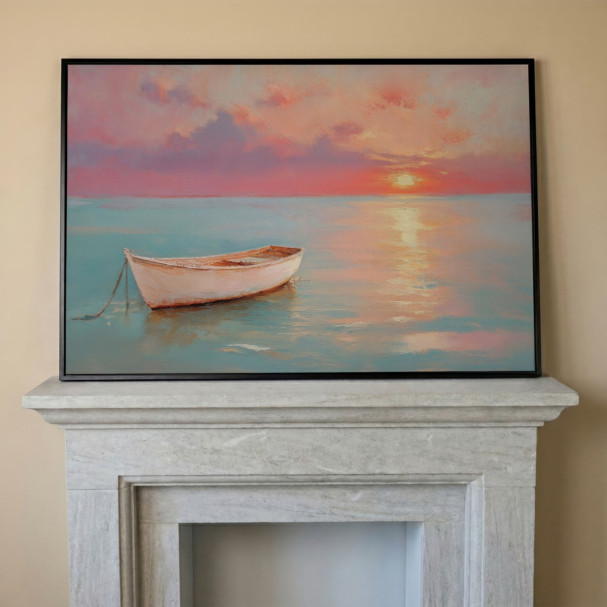 Sunset Over Pastel Sea Canvas Print in black floating frame