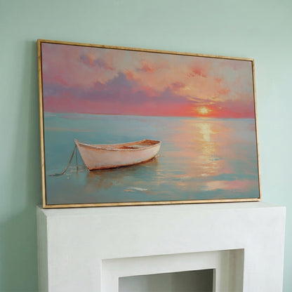 Sunset Over Pastel Sea Canvas Print in white oak floating frame