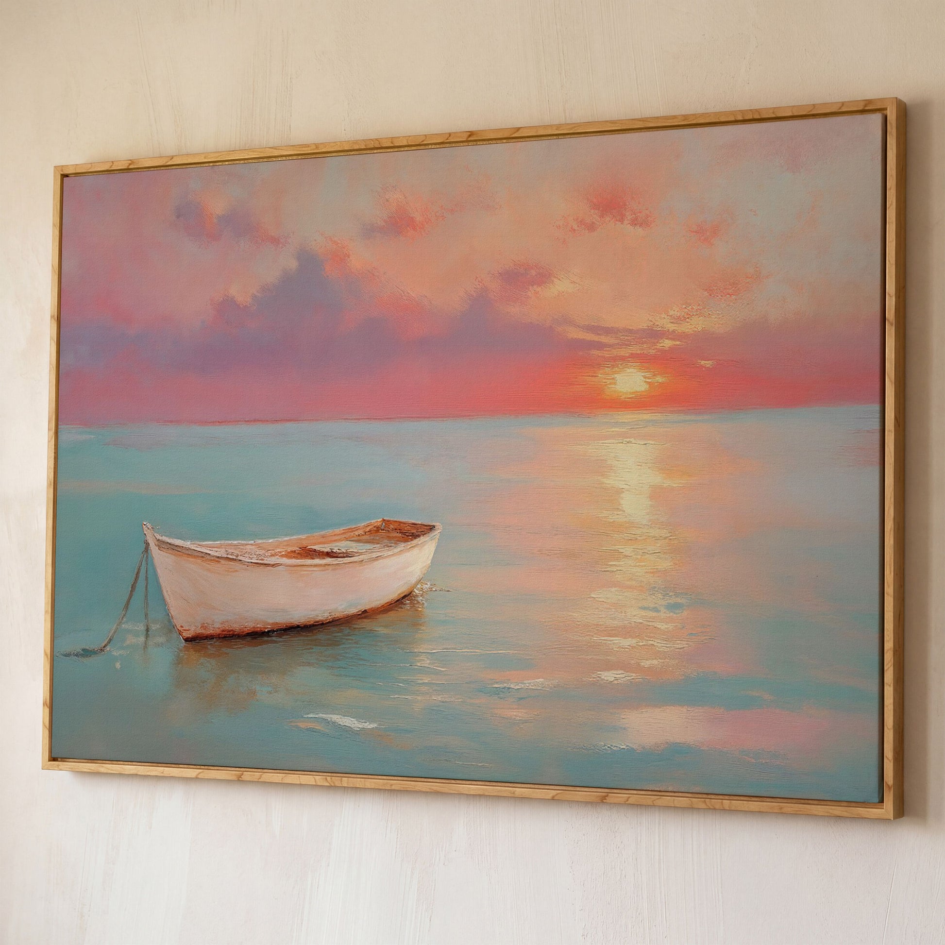 Sunset Over Pastel Sea Canvas Print shown in white oak floating frame