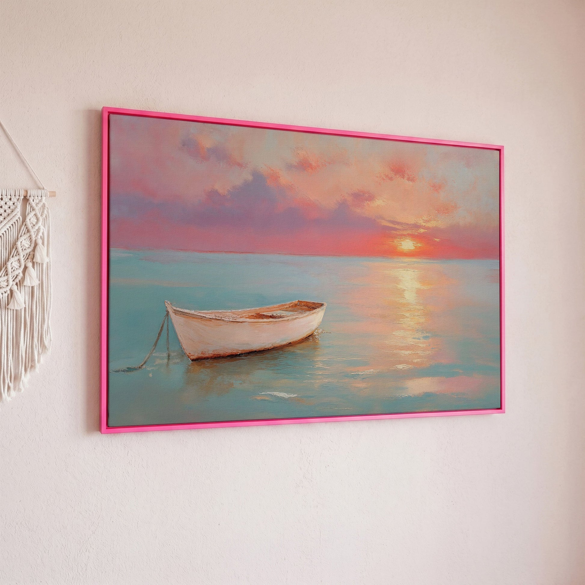 Sunset Over Pastel Sea Canvas Print in pink floating frame