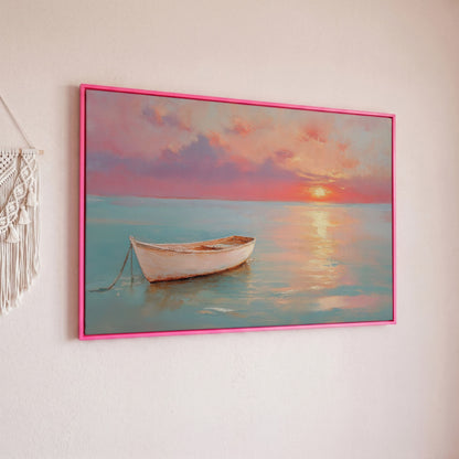 Sunset Over Pastel Sea Canvas Print in pink floating frame