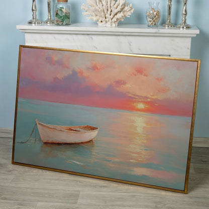 Sunset Over Pastel Sea Canvas Print in rose gold floating frame