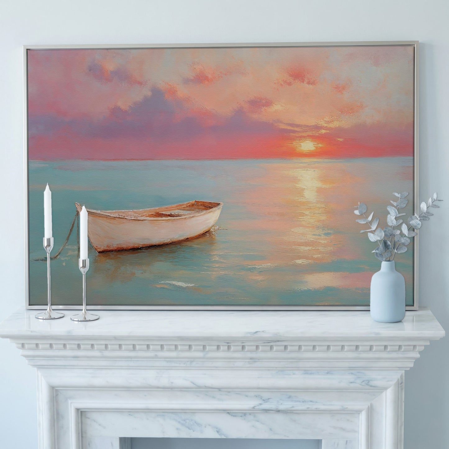 Sunset Over Pastel Sea Canvas Print in silver floating frame