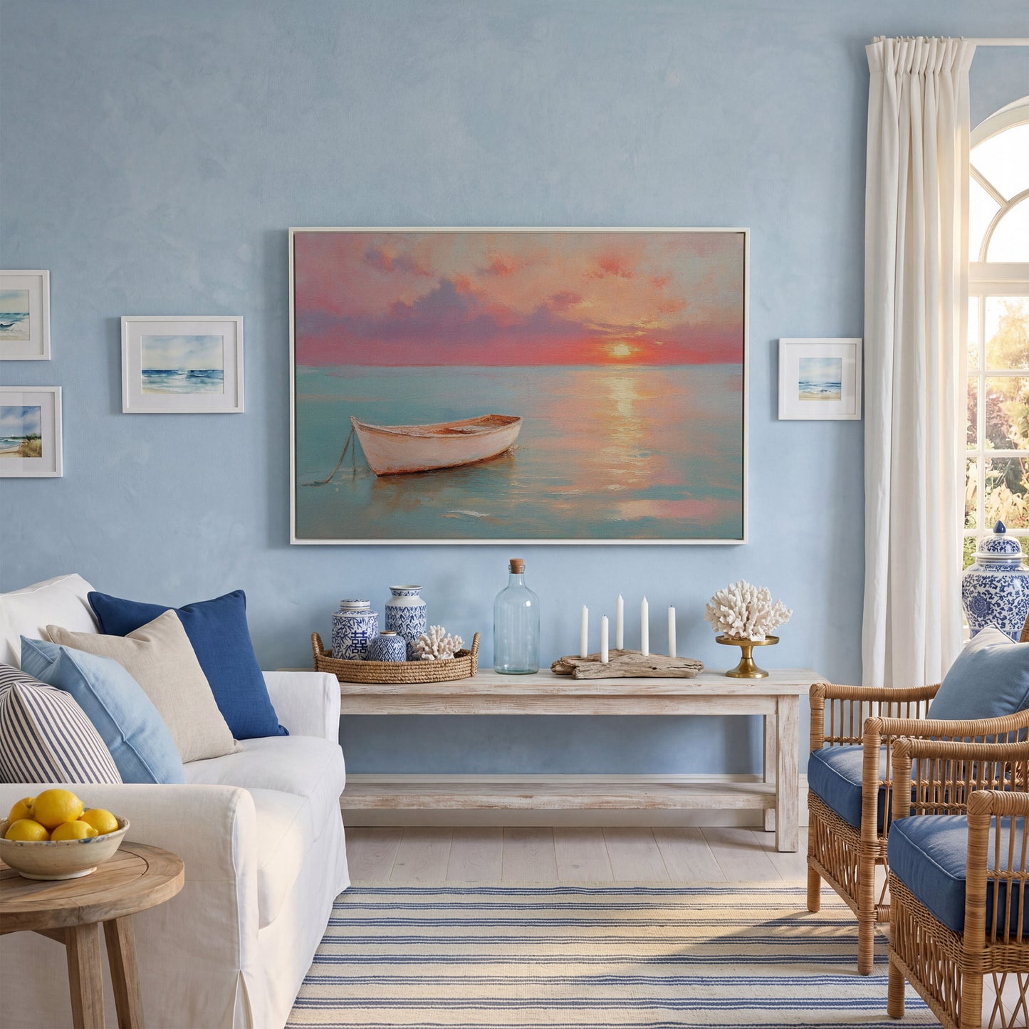 Sunset Over Pastel Sea Canvas Print in white floating frame