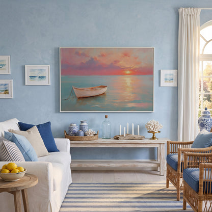 Sunset Over Pastel Sea Canvas Print in white floating frame