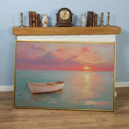 Sunset Over Pastel Sea Canvas Print in yellow gold floating frame
