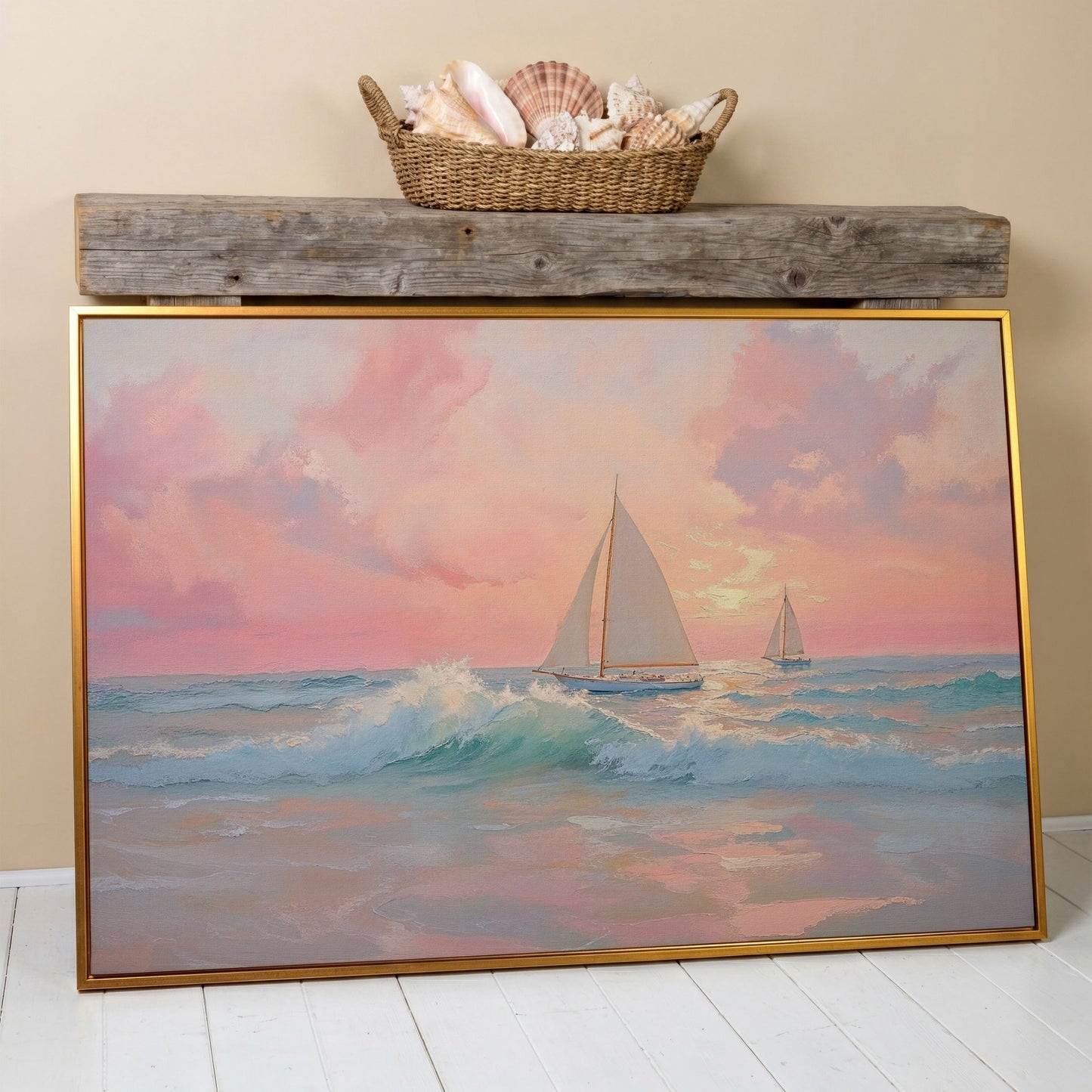 Sailboat at Sunrise Canvas in antique gold floating frame