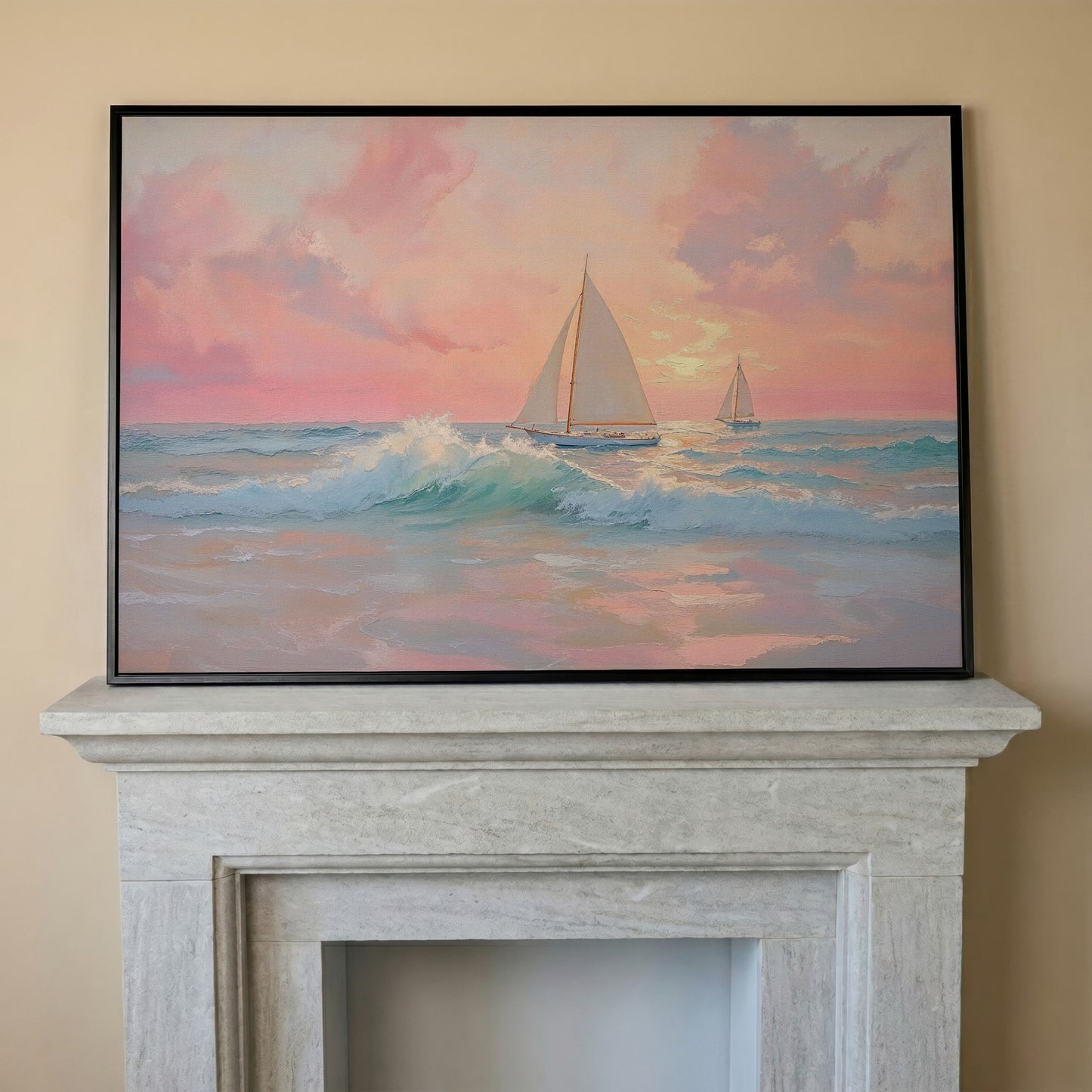 Sailboat at Sunrise Canvas in black floating frame
