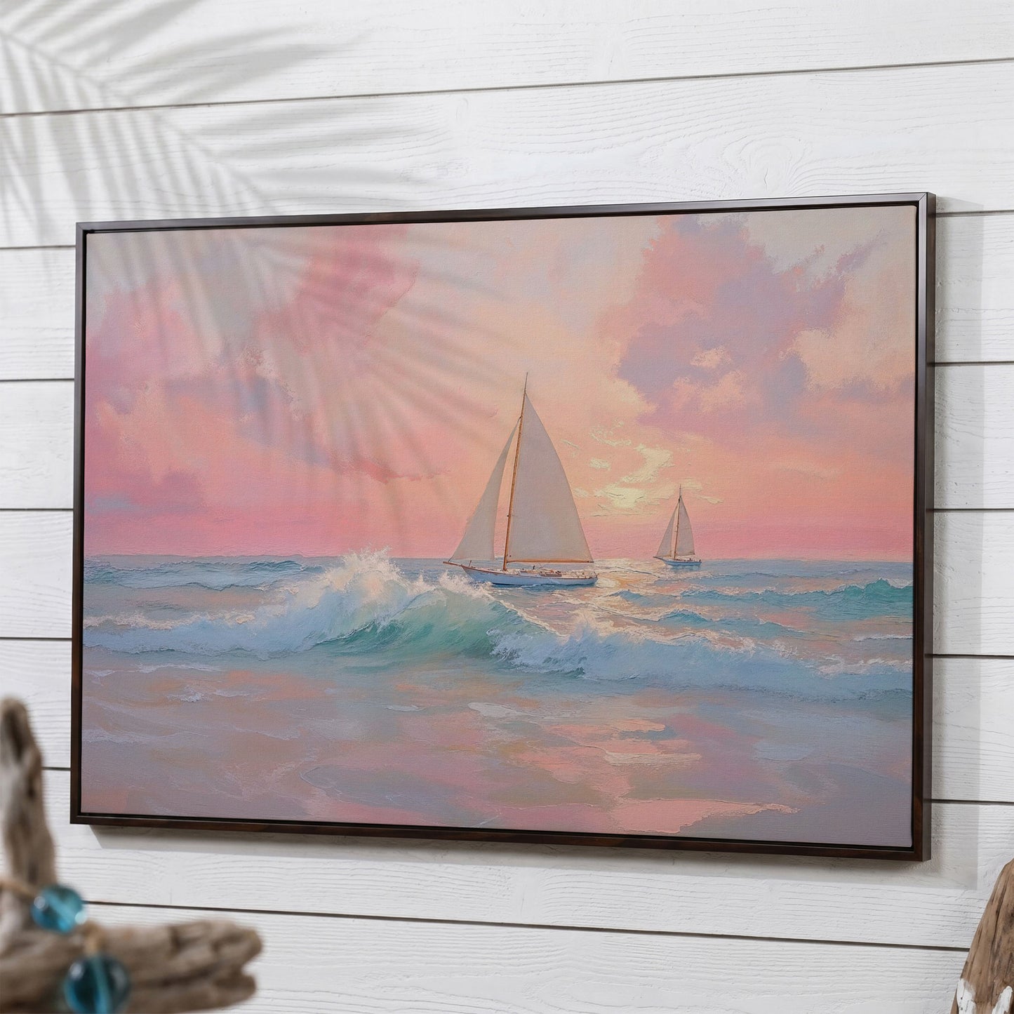 Sailboat at Sunrise Canvas in dark walnut floating frame