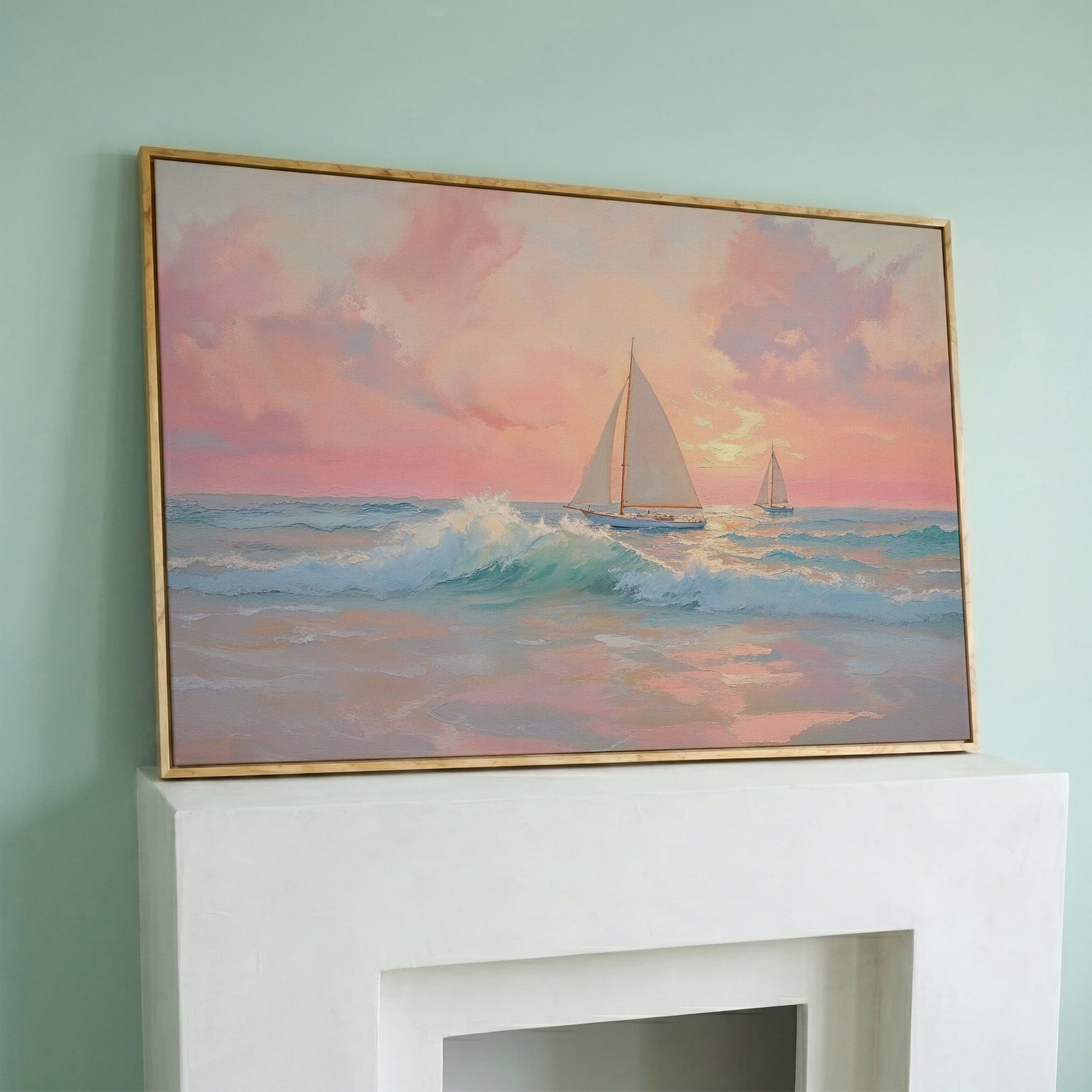 Sailboat at Sunrise Canvas in white oak floating frame