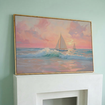 Sailboat at Sunrise Canvas in white oak floating frame