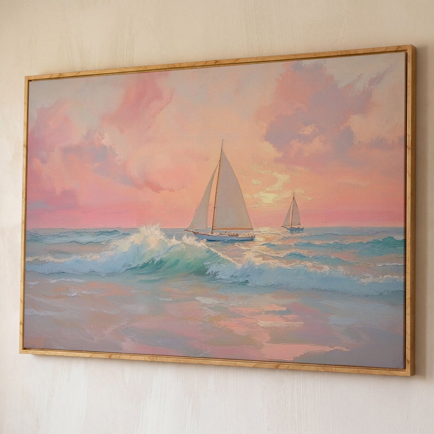 Sailboat at Sunrise Canvas shown in white oak floating frame