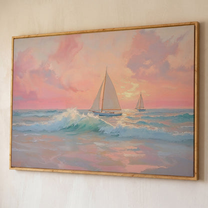 Sailboat at Sunrise Canvas shown in white oak floating frame