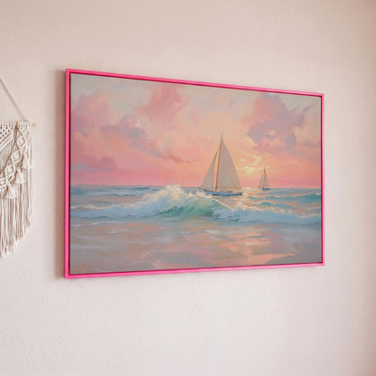 Sailboat at Sunrise Canvas in pink floating frame