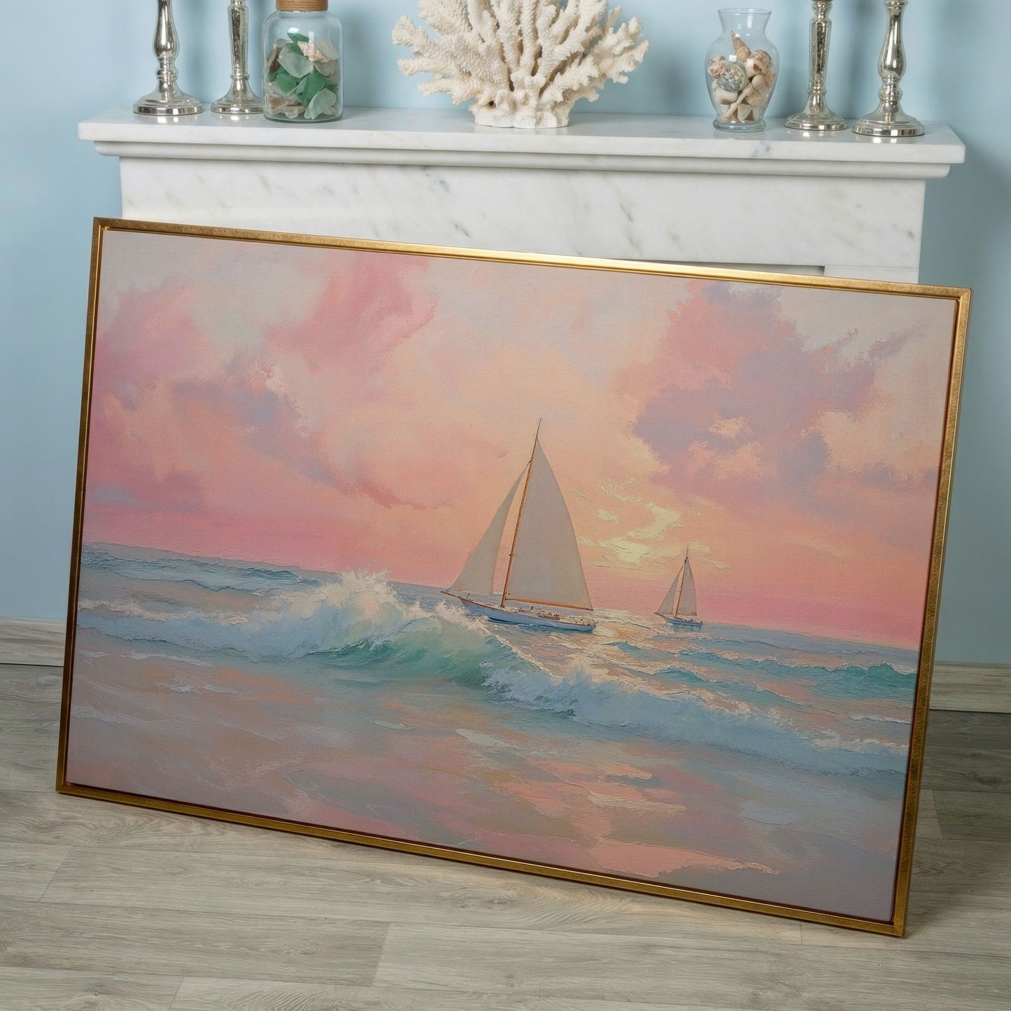 Sailboat at Sunrise Canvas in rose gold floating frame