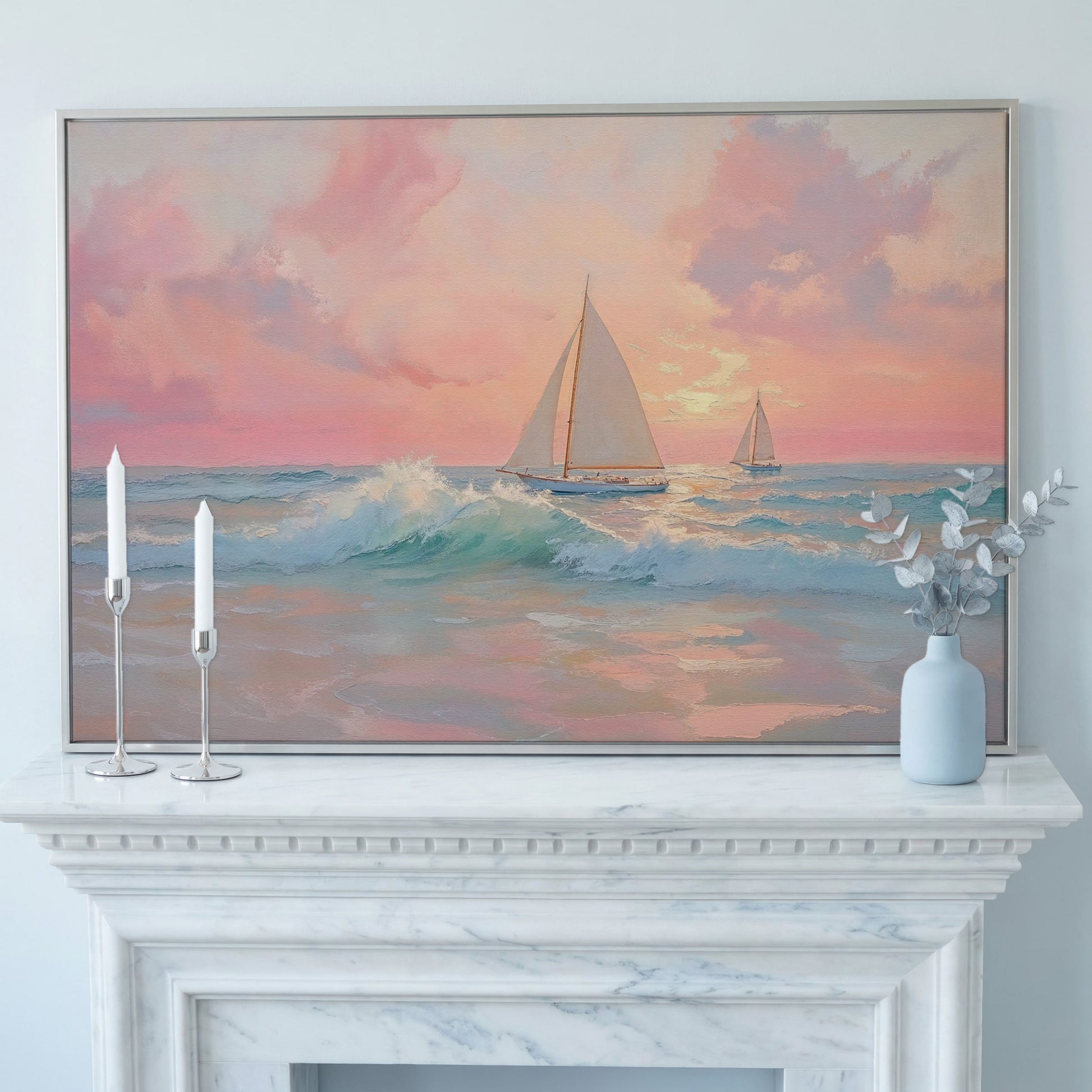 Sailboat at Sunrise Canvas in silver floating frame