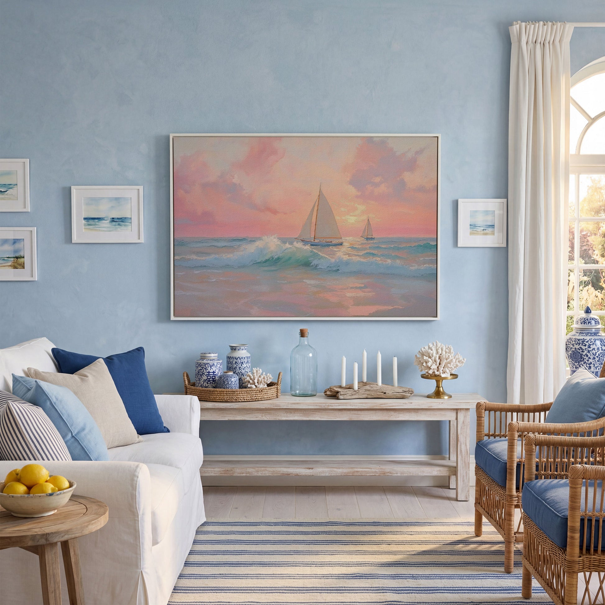 Sailboat at Sunrise Canvas in white floating frame