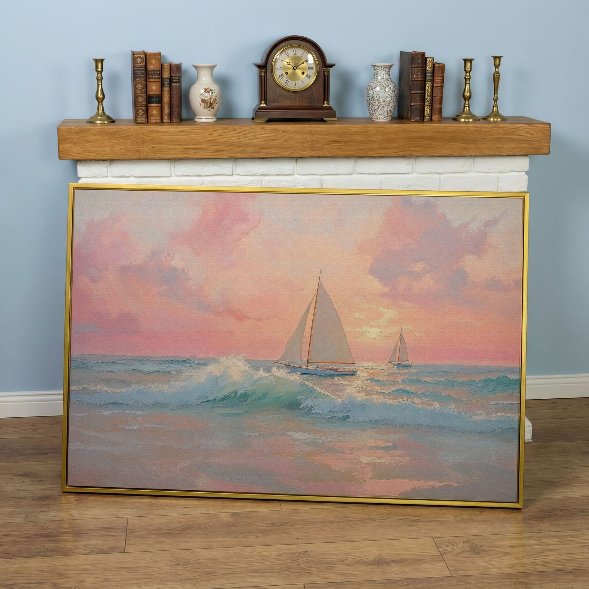 Sailboat at Sunrise Canvas in yellow gold floating frame
