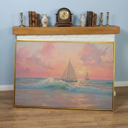 Sailboat at Sunrise Canvas in yellow gold floating frame