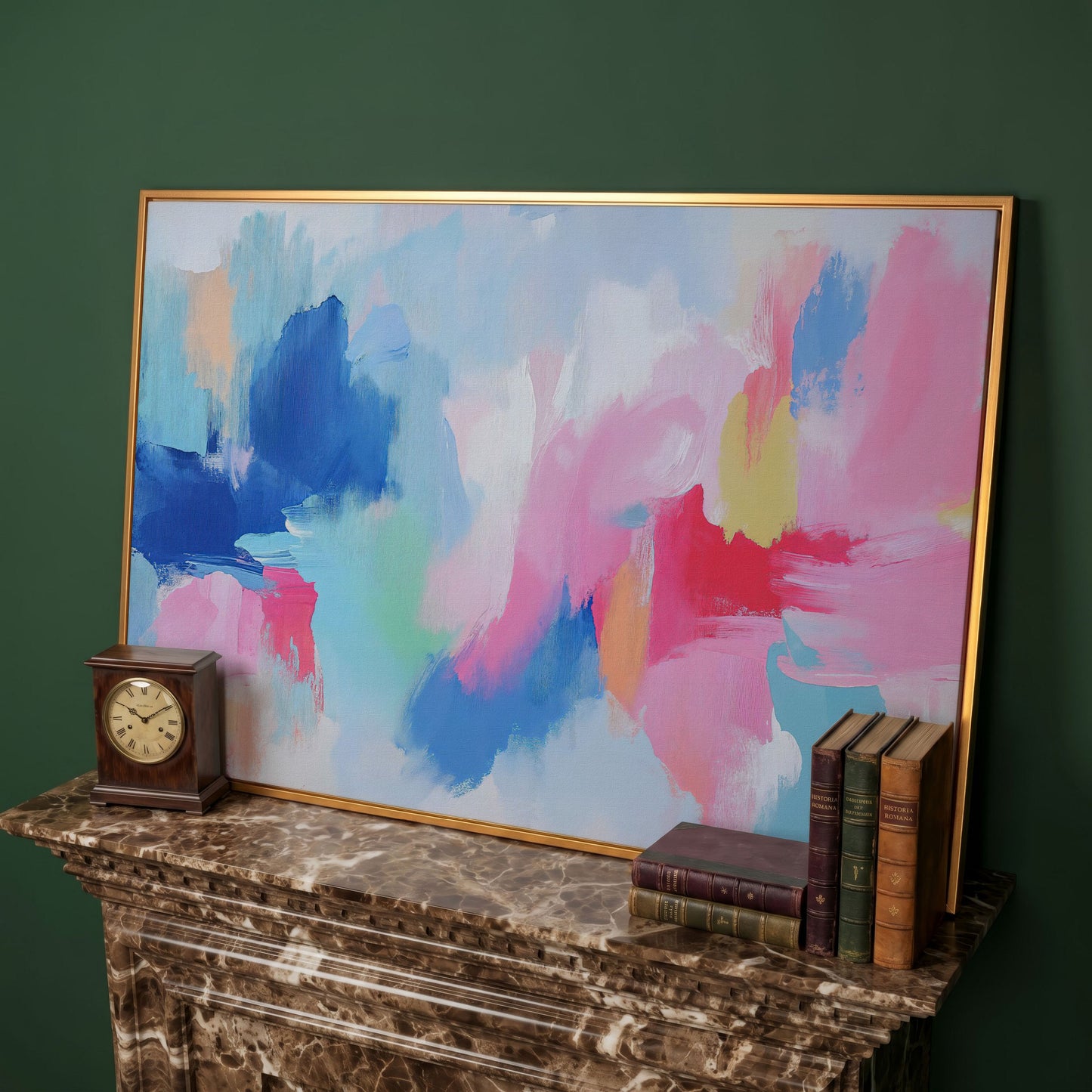 Pink and Blue Abstract Canvas in antique gold floating frame