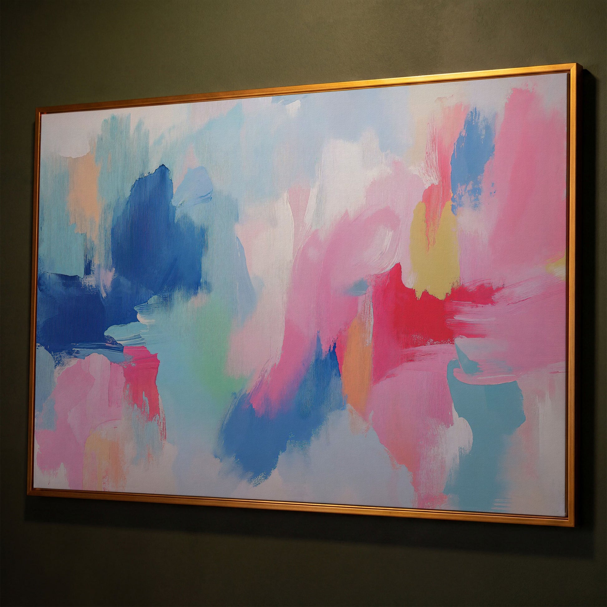 Pink and Blue Abstract Canvas shown in antique gold floating frame