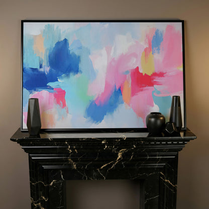 Pink and Blue Abstract Canvas in black floating frame