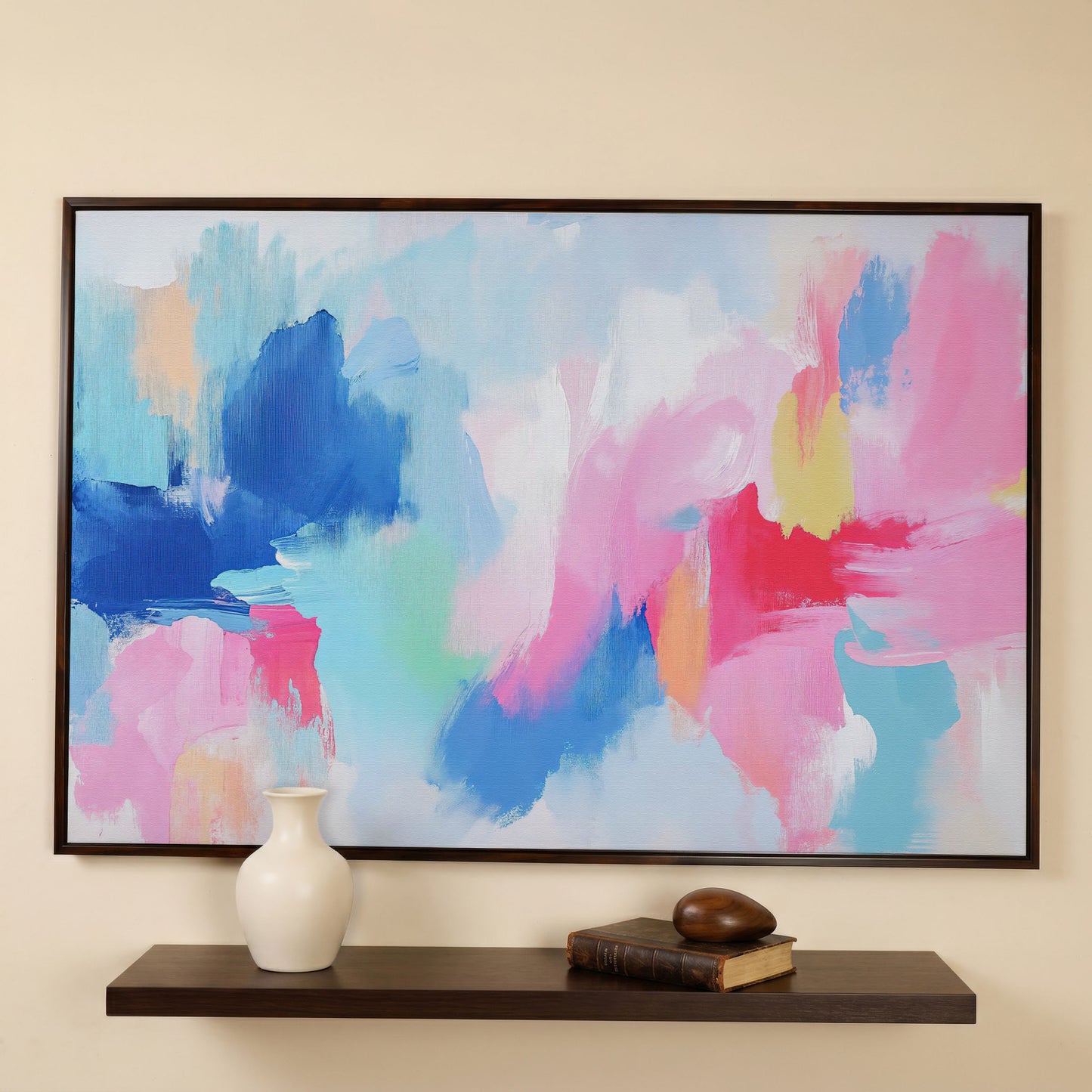 Pink and Blue Abstract Canvas in dark walnut floating frame