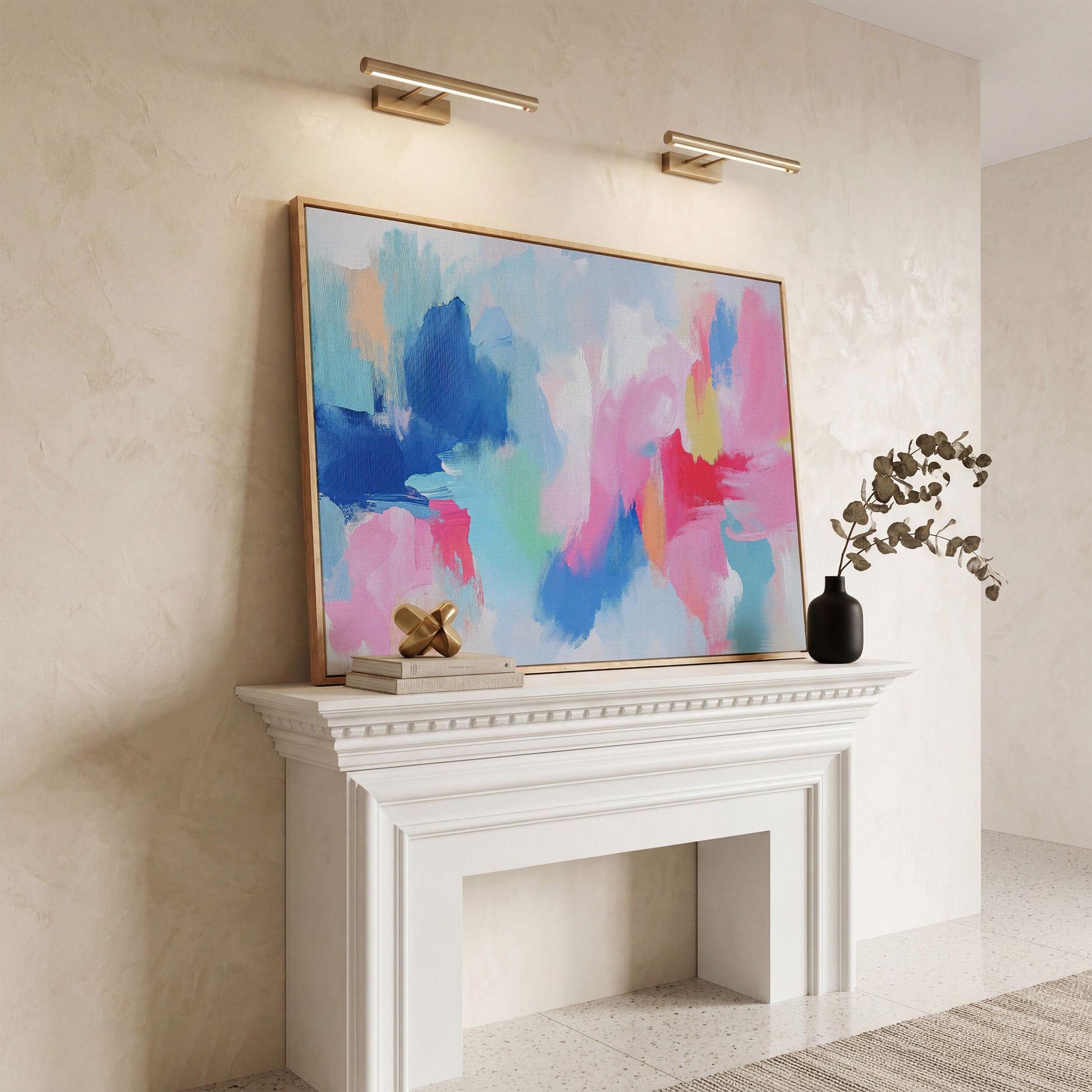Pink and Blue Abstract Canvas in white oak floating frame