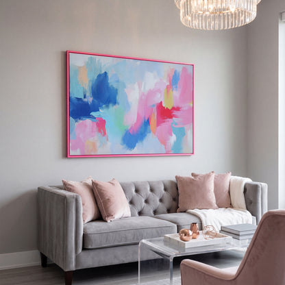 Pink and Blue Abstract Canvas in pink floating frame