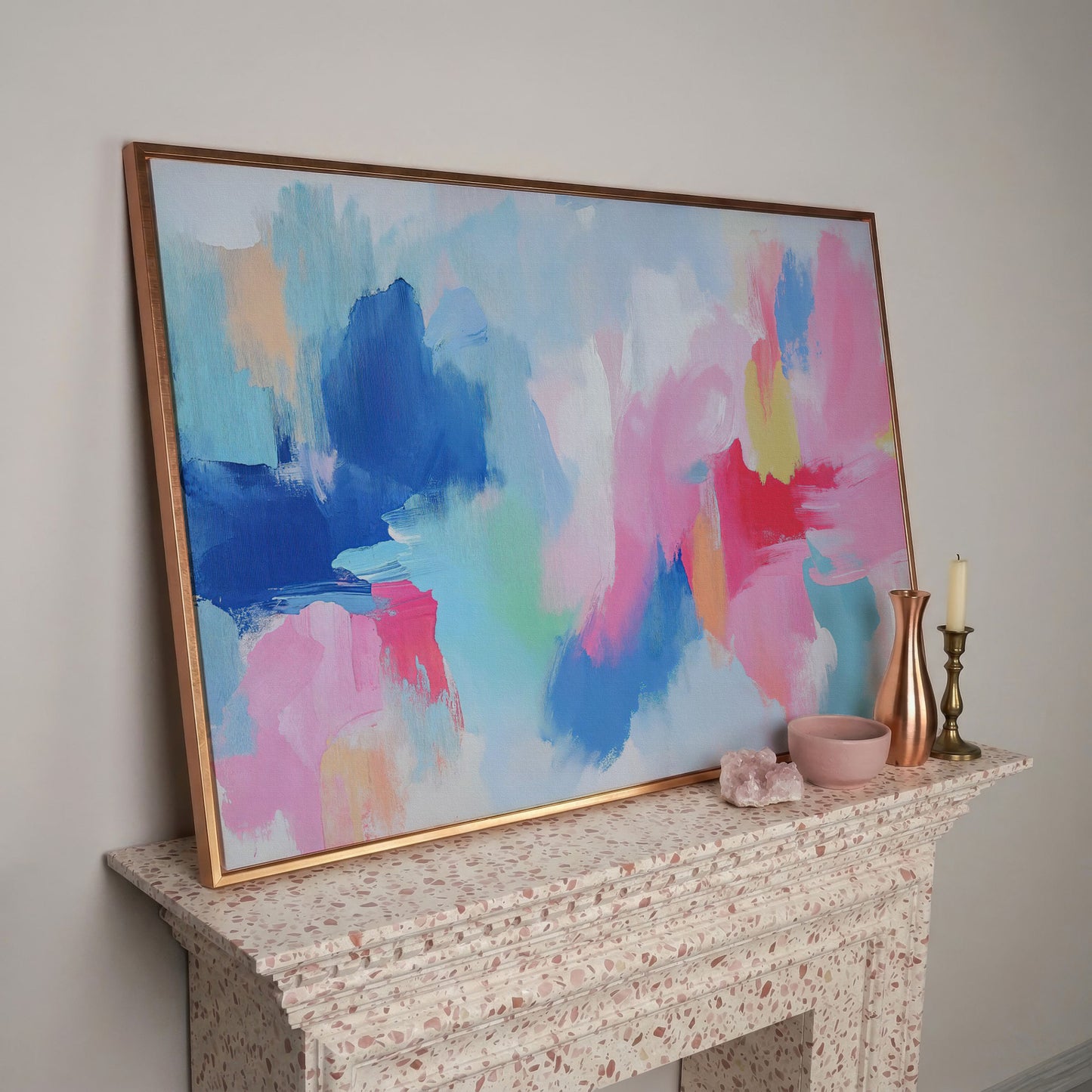 Pink and Blue Abstract Canvas in rose gold floating frame