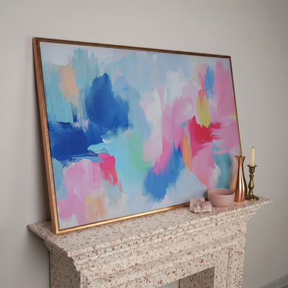 Pink and Blue Abstract Canvas in rose gold floating frame