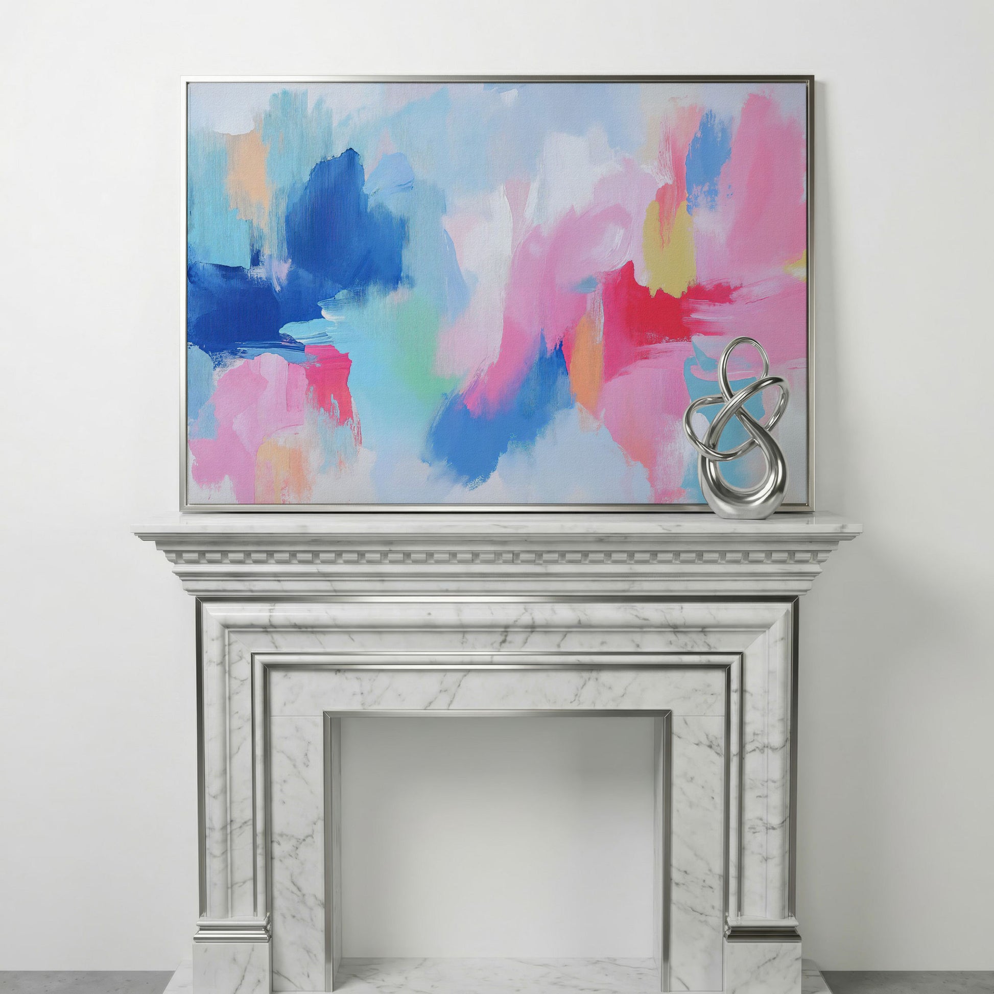 Pink and Blue Abstract Canvas in silver floating frame