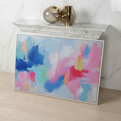 Pink and Blue Abstract Canvas in white floating frame