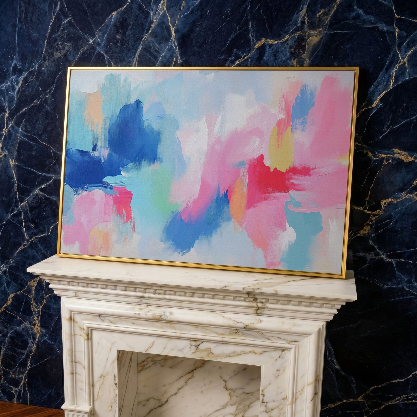 Pink and Blue Abstract Canvas in yellow gold floating frame