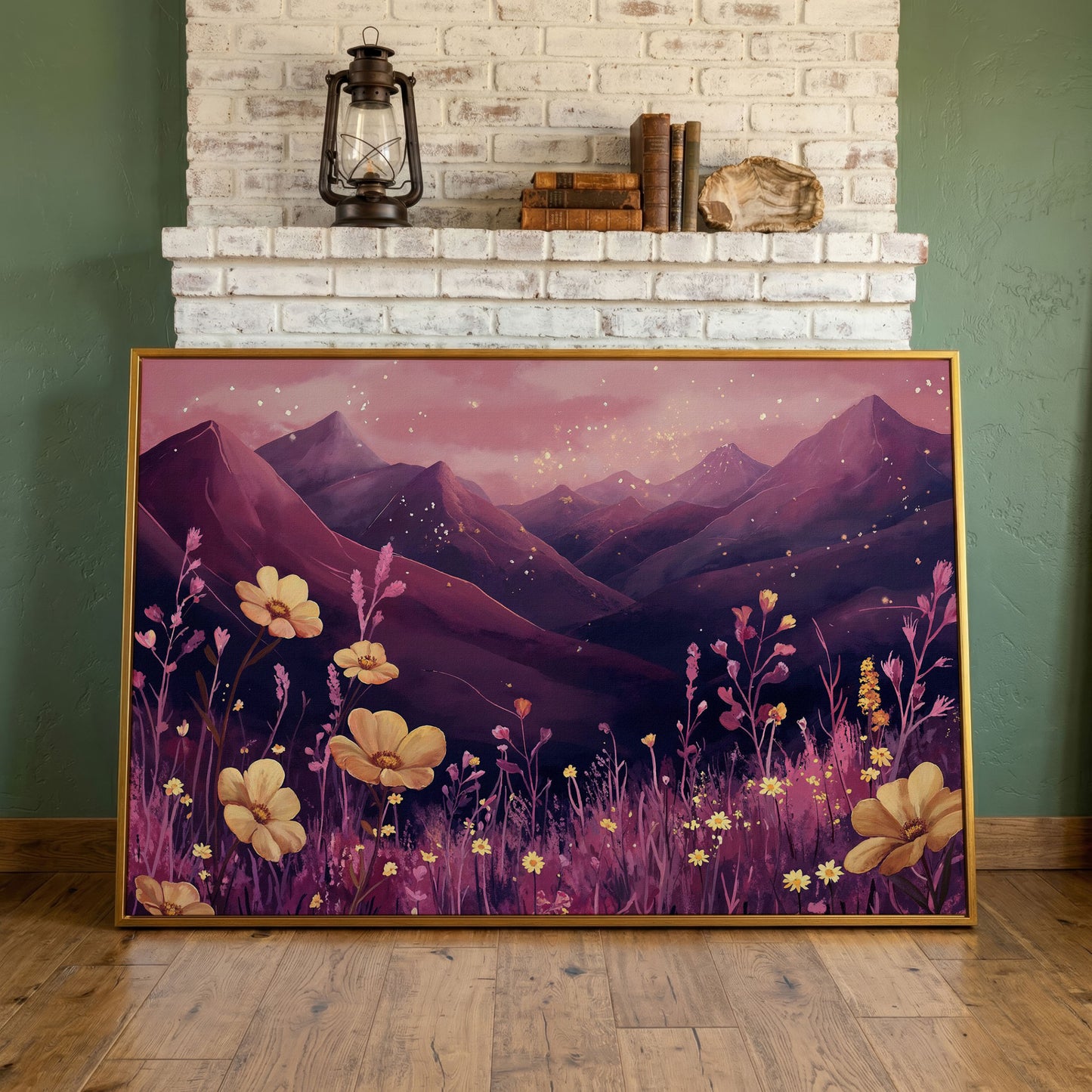 Pink Watercolor Mountains and Wildflowers Canvas in antique gold floating frame