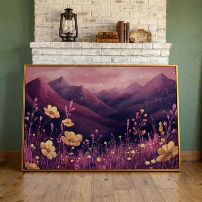 Pink Watercolor Mountains and Wildflowers Canvas in antique gold floating frame