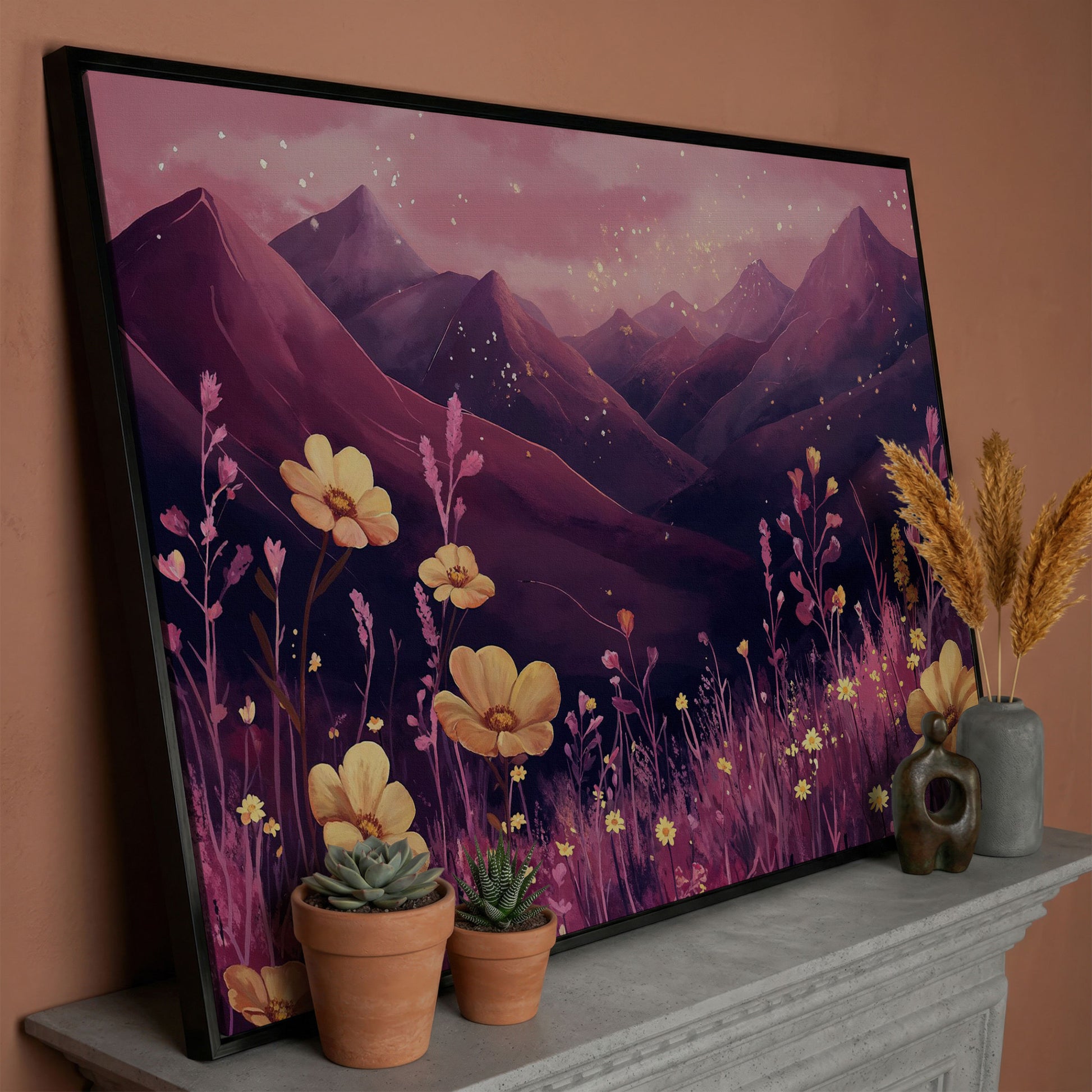 Pink Watercolor Mountains and Wildflowers Canvas in black floating frame
