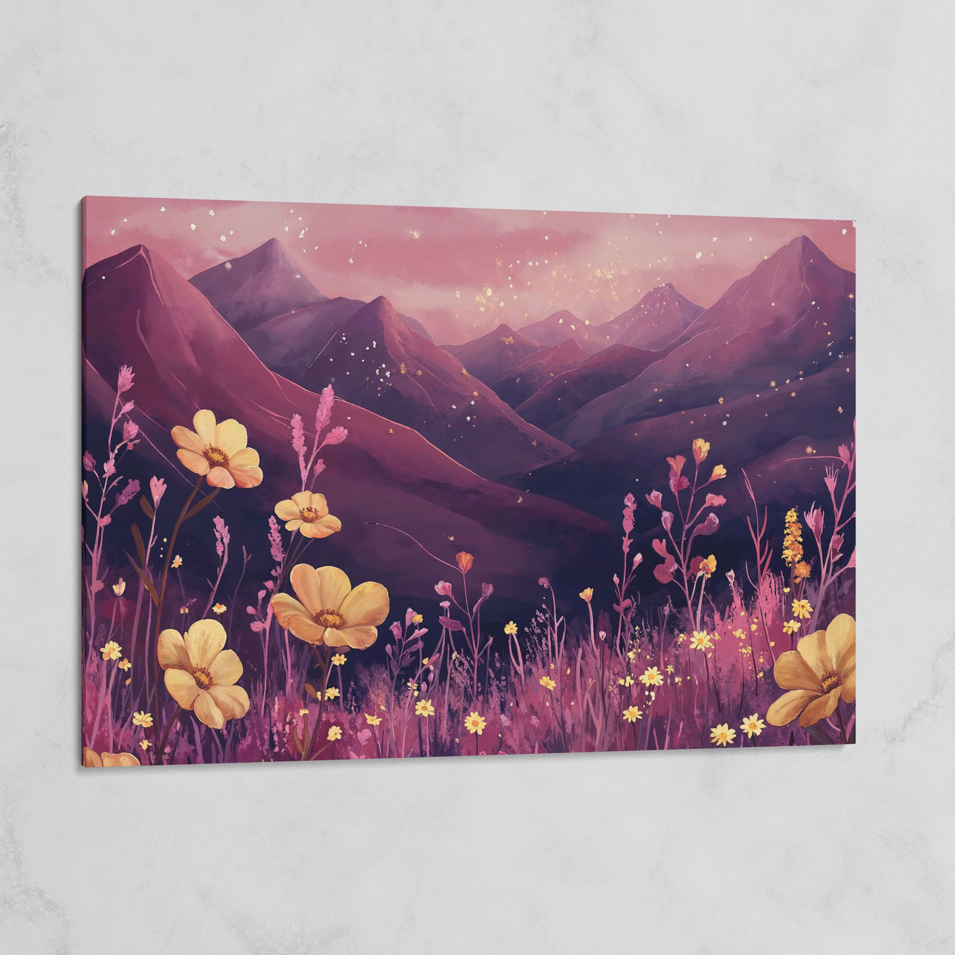 Pink Watercolor Mountains and Wildflowers Canvas on gallery wrap