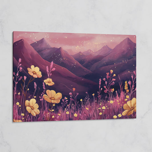 Pink Watercolor Mountains and Wildflowers Canvas on gallery wrap