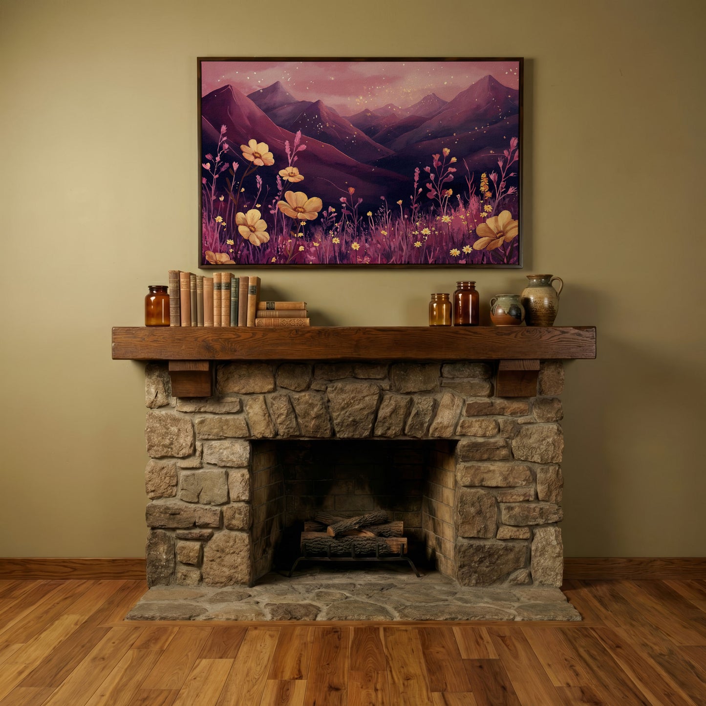 Pink Watercolor Mountains and Wildflowers Canvas in dark walnut floating frame