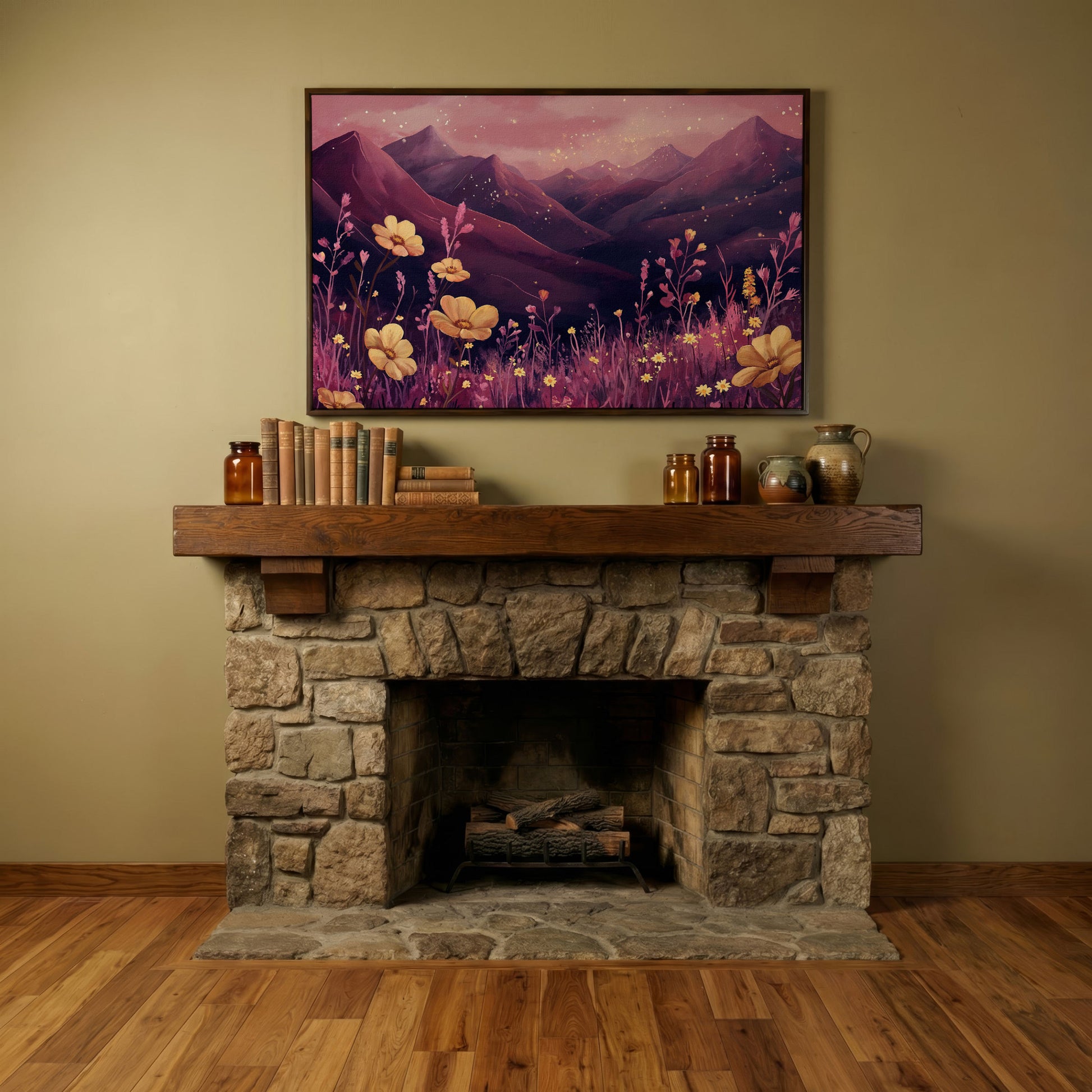 Pink Watercolor Mountains and Wildflowers Canvas in dark walnut floating frame