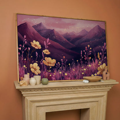 Pink Watercolor Mountains and Wildflowers Canvas in white oak floating frame
