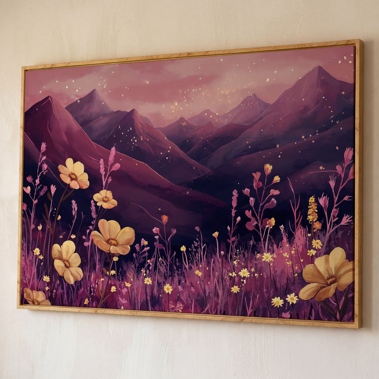 Pink Watercolor Mountains and Wildflowers Canvas shown in white oak floating frame